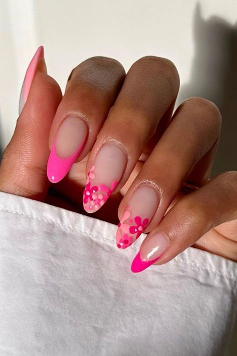 Pink Flower Nails, Barbie Pink Nails, Barbie Nails, Easter Nail Designs, Hot Pink Nails, Summery Nails, White Nail, Easter Nails, Nail Designs Spring