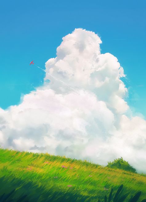 Grass Drawing, Grass Painting, Cloud Illustration, Painting Skills, Ghibli Artwork, Landscape Concept, Cloud Art, Grass Field, Cloud Drawing