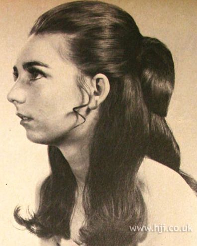 Medium/Long Hair - Partial Updo, Small Poof on Top w/ Curled Sideburns & Curled ends 1960s Hairstyles For Long Hair, 1960s Ponytail, 1960’s Hair, 1960's Hairstyles, 1960 Hairstyles, 1960s Hair, 1950s Hairstyles, 50s Hairstyles, 60s Hair