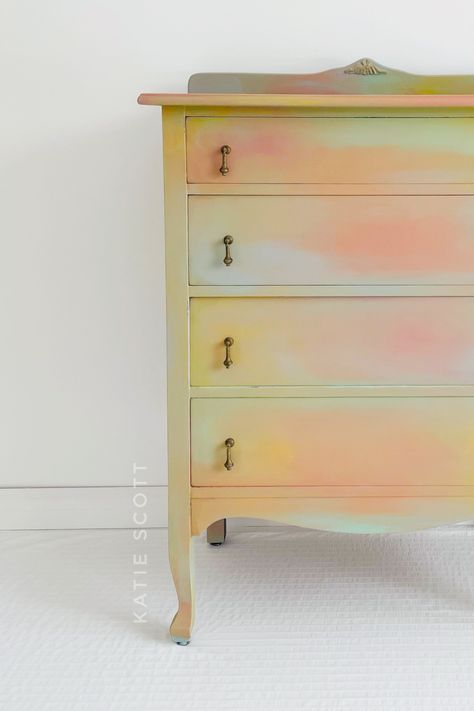 Unicorn Dresser, Rainbow Dresser, Paint Blending, Sunset Tie Dye, Yellow Dresser, Hand Painted Dressers, Paint Dresser, Rainbow Sunset, Furniture Upcycle