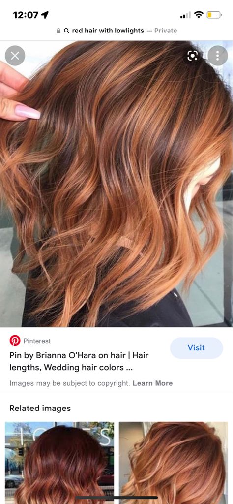 Auburn Carmel Balayage, Caramel And Copper Hair, Lowlights For Copper Hair, Fall Redhead Hair, Ginger Hair With Auburn Lowlights, Natural Red Hair With Dark Highlights, Copper Hair With Brown Lowlights, Redheads With Lowlights, Auburn Lob With Highlights