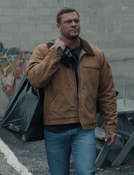 Rugged Camel Brown Canvas Jacket with Corduroy Collar Worn by Alan Ritchson as Jack Reacher in Reacher Jack Reacher Outfit, Jack Reacher Series, Gaming Supplies, Alan Ritchson, Jack Reacher, Leather Work Boots, Gray Man, Handsome Asian Men, Canvas Jacket