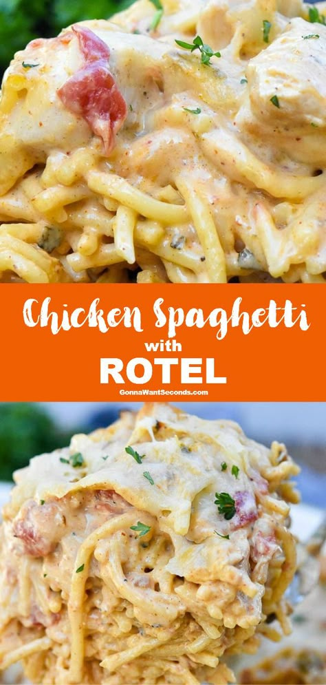 Cheesy Chicken Rotel Spaghetti, Cheesy Chicken Mexican Spaghetti, Baked Chicken Spaghetti With Rotel, Chicken Spaghetti Casserole Rotel, Creamy Chicken Spaghetti Casserole, Chicken Spaghetti For Two, Recipes Using Rotel, Chicken Rotel Casserole, Chicken Rotel Spaghetti