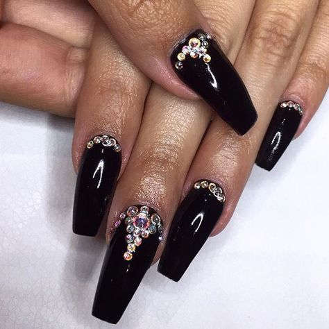 Fancy Black Nails With Gems, Black With Diamond Nails, Black Nails With Gold Gems, Black Nails With Black Rhinestones, Black Acrylic Nails With Gems, Black Nails With Gems Rhinestones, Black Nails With Diamonds, Black Nails With Gems, Black Nails With Rhinestones