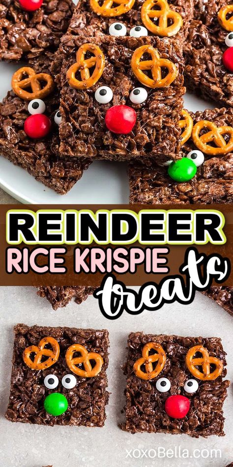 Reindeer Rice Krispie treats recipe Christmas Rice Crispy Treats Easy, Reindeer Rice Krispie Treats, Festive Rice Krispie Treats, Reindeer Cracker Snack, Holiday Rice Crispy Treats, Holiday Rice Krispie Treats, Christmas Rice Crispy Treats, Rice Crispy Treats Christmas, Christmas Rice Krispie Treats