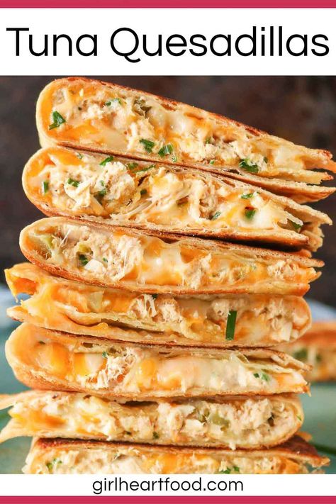 In under 30 minutes, you could be enjoying delicious seafood quesadillas! These cheesy tuna quesadillas have the flavours of a tuna melt in a yummy quesadilla form! The quesadilla filling combines ingredients, like canned tuna, plenty of cheese, pickle and crispy potato chips. With a savoury, creamy interior and crispy exterior, this quesadilla recipe is sure to be a favourite! #seafoodquesadillas #quesadillarecipe #tunaquesadillas #cheeseandtunaquesadillas #tunameltquesadillas Meals To Make With Canned Tuna, Recipes Tuna Canned, Delicious Tuna Recipes, Tuna Quesadilla Healthy, Pescatarian Quesadilla, Things To Do With Canned Tuna, Tuna Melt Quesadilla Recipes, Canned Tuna Wrap Recipes, Tuna Filling Recipes