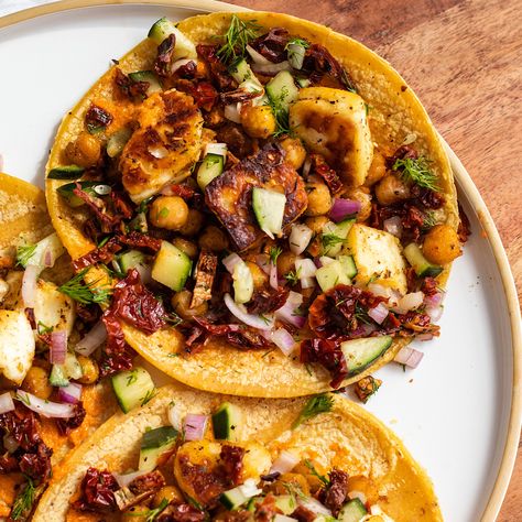 Halloumi and Chickpea Tacos with Cucumber Salsa - Avocado Skillet Chickpea Tacos Recipes, Halloumi Tacos Recipe, Halloumi Tacos, Chickpea Cauliflower Tacos, Halloumi Buddha Bowl, Hummus Heaped With Tomatoes And Cucumbers, Healthy Stew Recipes, Avocado Skillet, Shredded Tofu