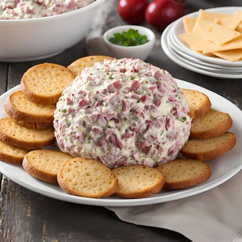 Chipped Beef Cheese Ball Recipe: Savory Party Favorite! - The Fresh Man cook Dried Chip Beef Cheeseball, Chipped Beef Cream Cheese Ball, Cream Cheese Chipped Beef Cheeseball, Chip Beef Cheese Ball Recipes, Corned Beef Cheese Ball Recipes, Carl Budding Beef Cheese Ball, Creamed Chipped Beef Cheese Ball, Dried Meat Cheese Ball, Chipped Beef Cheese Ball Recipes