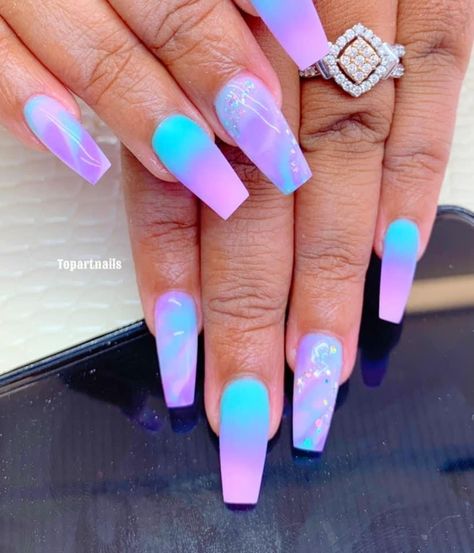 Hombre Pink Purple Nails, Pastel Nail Colors Summer, Bright Elegant Nails, Colorful Ombre Acrylic Nails, Pink Purple Blue Ombre Nails, Pink Blue And Purple Nails Art Designs, June Acrylic Nail Designs, Summer Ombre Nails Coffin, Baby Blue And Purple Nails