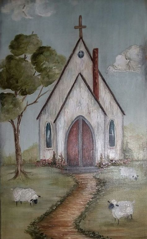 Church Watercolor Painting, Church Paintings Ideas, Religious Paintings Easy, Old Church Paintings, Paintings Of Churches, Barn Watercolor, Painted Churches, Chapel In The Woods, Church Painting