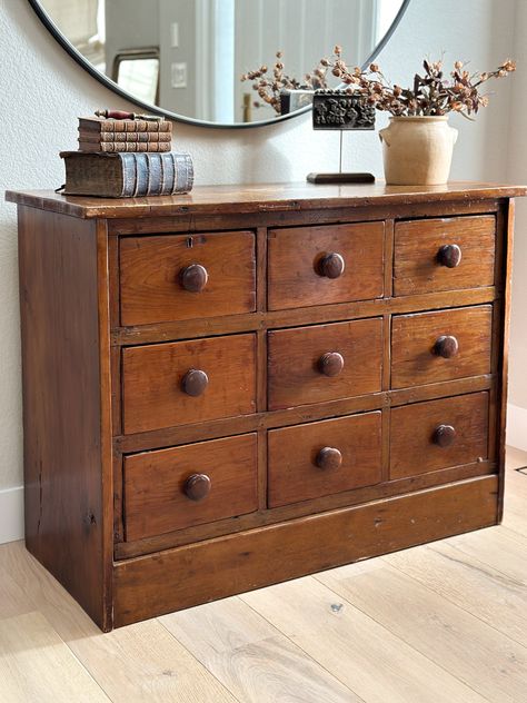 A simple and cleaned lined English pine chest of drawers perfect for use as a sideboard. Charming chunky knobs and great patina. Nine dovetailed drawers and an original keyhole. The perfect antique, yet functional piece. Approximate dimensions: - width: 44.5" - depth: 18.75" - height: 33.25" - drawer interior: 10.75" wide x 15" deep x 6" tall **Due to the unique antique and vintage nature of our pieces, all sales are final and sold as is. Our items are one-of-a-kind and can have wear consistent Antique Chest Of Drawers In Living Room, Vintage Pieces Decor, Antique House Decor Interior Design, Swedish Cottage Interior Nordic Style, Antique House Interior, Modern Antique Decor, Modern English Interior, Antique Credenza, Antique Oak Sideboard