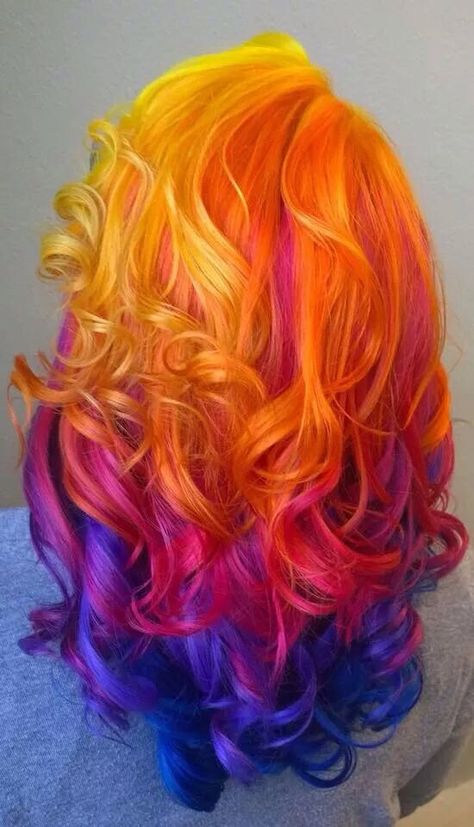 Nighttime sunset hair!                                                                                                                                                                                 More Sunset Hair Color Ombre Purple, Sunset Colored Hair, Purple Sunset Hair, Pastel Sunset Hair, Flame Hair Color, Wild Hair Color Ideas, Sunset Hair Color Ombre, Crazy Color Hair Ideas, Sunrise Hair