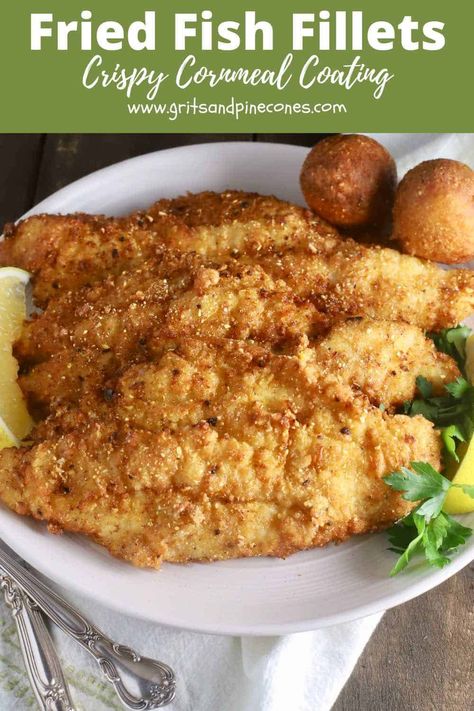 Crispy Southern Fried Fish is catfish fillets marinated in tangy buttermilk, then coated in a Creole seasoned cornmeal mixture, and finally, deep-fried to golden brown perfection. Pair with classic sides such as crunchy coleslaw, creamy cheese grits, and delectable hushpuppies and you have an authentic Southern fish fry menu that is sure to please your pickiest eaters! Quick and easy! Buttermilk Fried Catfish Recipe, Buttermilk Fried Fish, Southern Fried Fish Soul Food, Swai Fillet Recipes Fried, Fried Fish And Grits Recipe, Southern Fish Fry, Southern Fried Fish, Fish Fry Menu, Creamy Cheese Grits