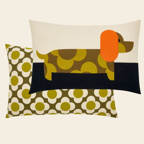 Add a retro aesthetic to your home decor with our reversible patterned dog motif scatter cushion in blue. The perfect colourful addition to your living room, our 100% cotton cushion covers are filled with feather cushions. Upgrade your homeware with Orla Kiely sofa cushions and throw pillows. Retro Palette, Orla Kiely Cushions, Daschund Dog, Dachshund Design, Dog Motif, Yellow Feathers, Colorful Textiles, Yellow Cushions, Craft Lights