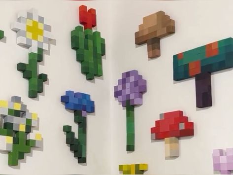 Minecraft Block Craft, Minecraft Flowers Wooden Blocks, Minecraft Block Art, Minecraft Wall Decor, Minecraft Flowers, Wood Blocks Diy, Minecraft Room Decor, Wood Block Crafts, Diy Minecraft