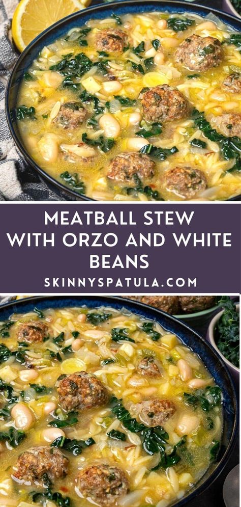 Meatball Stew With Orzo, Orzo White Bean Soup, Meatball Stew With Orzo And White Beans, Quick And Healthy Soup Recipes, Meatball And Bean Soup, Meatball And Orzo Soup, Best Meatball Soup Recipe, Orzo Meatball Soup, Italian Meatball Orzo Soup