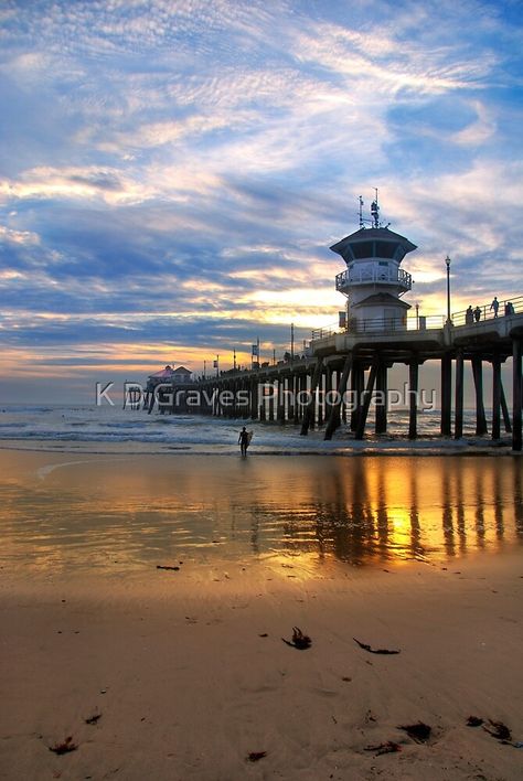 "Huntington Beach Pier at Sunset" by K D Graves Photography | Redbubble Huntington Beach Pier, Huntington Beach California, Terra Nova, Beach Pier, Surf City, California Dreamin', California Dreaming, Light House, Vintage Beach