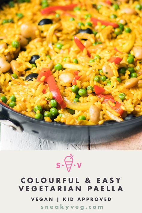 A delicious easy vegetarian paella recipe. This colourful dish is easily adapted to include whichever vegetables you love. Suitable for vegans. #paella #vegetarian #vegan #vegetable #veganpaella #vegetarianpaella #vegandinner #meatfree #meatless Veg Paella Recipe, Veggie Paella Recipe, Vegan Paella Recipe, Paella Recipe Vegetarian, Vegetarian Paella Recipe, Paella Vegetarian, Colourful Recipes, Vegetable Paella Recipe, Veggie Paella