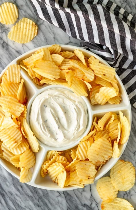 3-Ingredient Potato Chip Dip Recipe -- If you're a chips and dip junkie, you're going to LOVE this out-of-this-world easy chip dip... AND it doubles as a delicious veggie dip! | copycat Lawson's chip dip | chip dip recipes | cream cheese chip dip | homemade chip dip | best chip dip | chip dip for parties #chipdip #easyrecipe #easyapps #appetizerseasy #partyrecipes #appetizerideas #appetizers Cream Cheese Chip Dip, Dip Recipes For Chips, Sour Cream Chip Dip, Potato Chip Dip, Homemade Chip Dip, Chip Dip Recipe, Easy Chip Dip, Best Chip Dip, Cheese Chip Dip