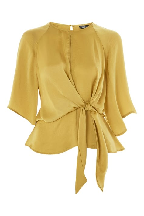 PETITE Hammered Satin Knot Top - Shirts & Blouses - Clothing - Topshop USA Satin Top Design, Long Sleeve Blouse Outfit, Classy Tops, Women Tops Design, Satin Tops, Mustard Top, Knot Front Top, Knotted Top, Knot Top