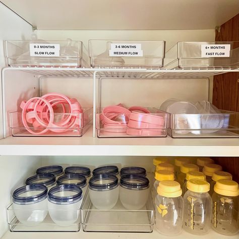 From pacifiers to pumps, everything in its place means more time for snuggles! Breastpump Organization, Pumping Organization Kitchen, Bottle And Pump Part Organization, Newborn Bottle Organization, Organize Baby Bottles In Kitchen, Bottle Organization Baby, Bottle Organization, Baby Bottle Organization, Baby Bottle Storage