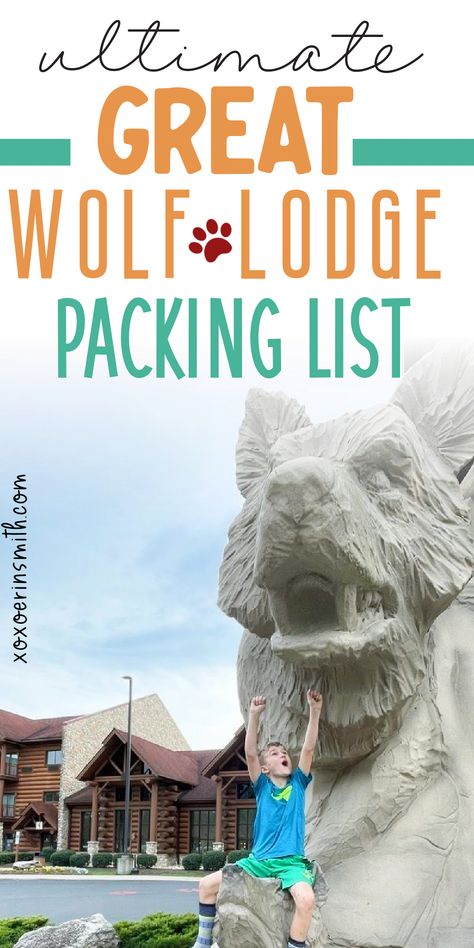 young boy sitting on Wolf Statue figure outside of Great Wolf Lodge Waterpark Great Wolf Lodge Outfits, Great Wolf Lodge Food Packing List, Great Wolf Lodge Birthday Ideas, To Pack List, What To Bring To Great Wolf Lodge, Great Wolf Lodge Surprise Ideas, What To Pack For Great Wolf Lodge, Packing For Great Wolf Lodge, Great Wolf Lodge Printable