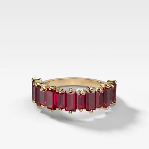 Red Ruby Baguette Wedding Band | Good Stone - GOODSTONE Ruby Ring Aesthetic, Shared Prong Wedding Band, Baguette Wedding Band, Ruby Wedding Band, Garnet Wedding, Ruby Wedding, White Gold Wedding Bands, Band Design, Future Wedding Plans