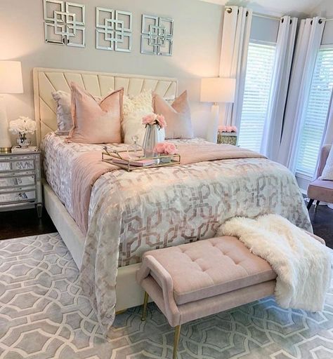 1,998 Likes, 23 Comments - Desinger (@lea.home.decor) on Instagram: “Follow for more inspiration @leahomedecor . Credit @chic_interiors_by_shante . @leahomedecor…” Glam Bedroom Decor, Glamourous Bedroom, Glam Bedroom, Gorgeous Bedrooms, Luxury Rooms, Girl Bedroom Decor, Stylish Bedroom, Pink Bedroom, Master Bedrooms Decor