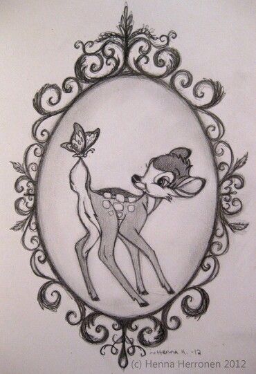 Bambi tattoo with frame Frame Tattoos, Bambi Tattoo, Mirror Tattoo, Mirror Tattoos, Tier Tattoo, Bambi Art, Framed Tattoo, Disney Princess Tattoo, Gilded Frame