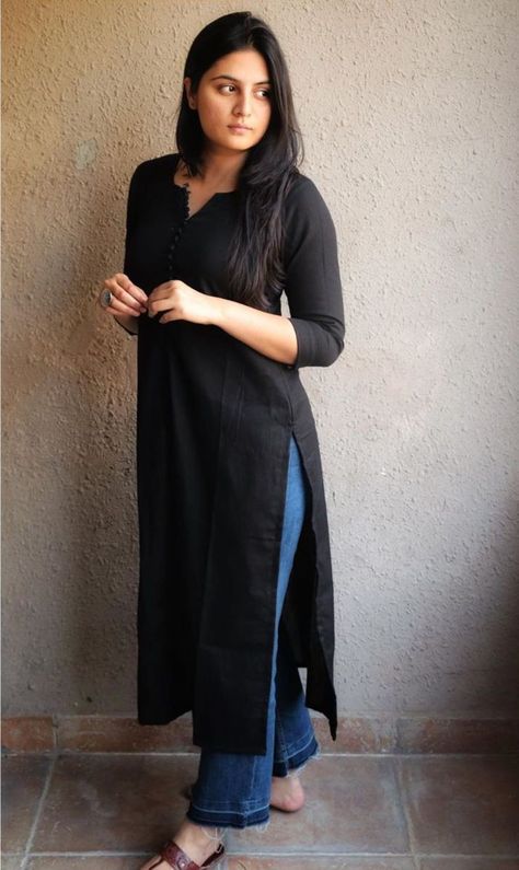 Black kurti girl #kurti #black #dress #cloth #styles #female #fashion #girl Kurta For College Women, Official Kurti Designs Latest, Kurta For Women Casual, Kurta Design For Jeans, Black Kurti Design With Jeans, How To Style Black Chikankari Kurta With Jeans, Kurta Styling With Jeans, Office Outfits Women Indian Kurti, Office Fits Women Indian