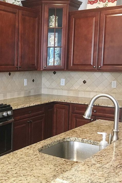 Yellow Granite Countertops Kitchen, Dark Brown Cabinets Kitchen Backsplash Ideas Granite Countertops, Santa Cecilia Granite Color Scheme, St Cecilia Granite Kitchen, Yellow Granite Countertops, Saint Cecilia Granite, Kitchen Design Ideas 2023, Kitchen Cabinet Colours, Modular Kitchen Cabinet