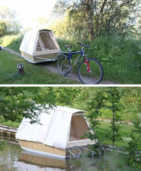 Vélo-bateau!  by Daniel Durnin Bed On Wheels, Tent Camping Beds, Bike Cart, Bicycle Camping, Trailer Diy, Micro Camper, Bicycle Trailer, Bike Camping, Wooden Boat Plans