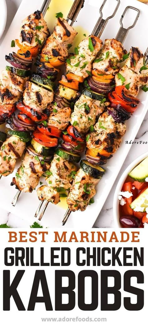 Get ready to be the BBQ hero with these mouthwatering Grilled Chicken Kabobs! Juicy chicken and zesty flavors, all marinated to perfection in our best Greek marinade! 🍗🔥 The secret ingredients of summer are here!  #bestmarinadeforchicken Best Chicken Kabobs, Chicken Kabob Marinade, Chicken Shish Kabobs, Kabob Marinade, Best Grilled Chicken, Mediterranean Grilled Chicken, Grilled Kabob Recipes, Chicken Kabob Recipes, Grilled Chicken Kabobs