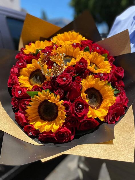 Yellow And Red Flower Bouquet, Sunflower Roses Bouquet, Roses And Sunflowers Bouquet, Sunflower And Rose Bouquet, Beautiful Roses Bouquet, Ribbon Flowers Bouquet, Birthday Flowers Bouquet, Sunflowers And Roses, Sunflower Themed Wedding