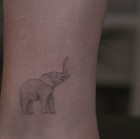 Dainty elephant tattoo Elephant Tattoo Trunk Up, Elephant Tattoos Ankle, Lucky Elephant Tattoo, Dainty Elephant Tattoo, Minimal Elephant Tattoo, Tattoo Ideas Elephant, Fine Line Elephant Tattoo, Little Elephant Tattoos, Hello Tattoo