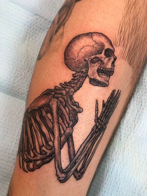 Skeleton Praying Tattoo, Praying Skeleton Tattoo, Praying Tattoo, Praying Skeleton, Skeleton Tattoo, Skeleton Tattoos, Medusa Tattoo, Tattoos With Meaning, Arm Tattoo