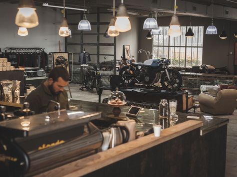 Motorcycle Shop Design, Dirt Bike Room, Camp Coffee, Barber Style, Space Concept, Motorcycle Workshop, Motorcycle Store, Coffee Bar Design, Bike Room