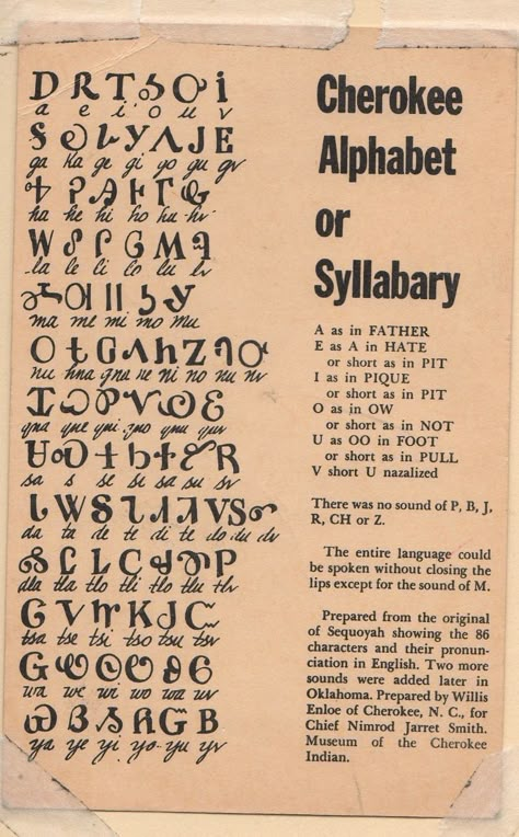 Cherokee Alphabet, on a postcard from an old family schoolbook I have, "Cherokee Words" #Cherokee #nativelanguage #syllabary Native American History Indian Tribes, Cherokee Symbols, Ulster Scots, Cherokee Language, Indian Symbols, Native American Spirituality, History Tattoos, Angel Signs, Tee Pee