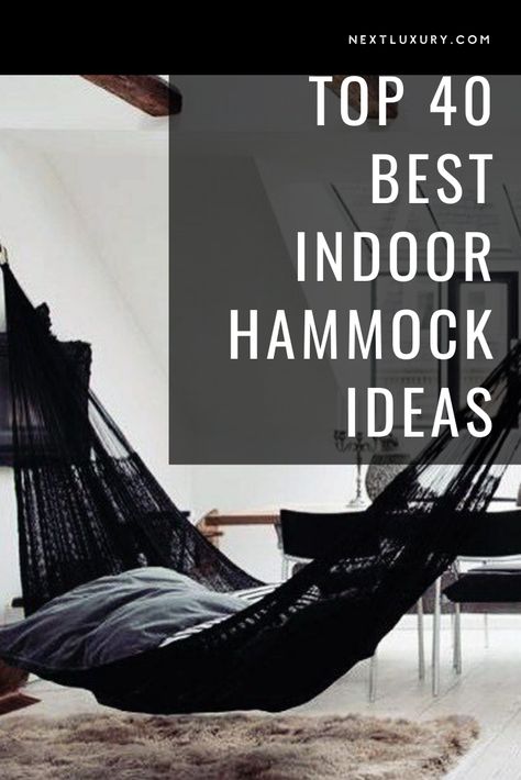 Lazy summer afternoons and tropical getaways–these are the hammock’s backdrops.Well, the outdoor hammock that is; the indoor hammock is an entirely different experience, and one you can savor year-round. Hammock Ideas Indoor, Hammock Inside Bedrooms, Sleeping Hammock Indoor, Indoor Hammock Bed Bedroom, Hammock Ideas Bedroom, How To Hang A Hammock Indoors, Hammock Reading Nook, Balcony Hammock Ideas, Indoor Hammock Stand