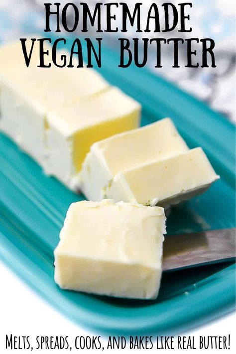 Vegan butter that melts, spread, and bakes perfectly! Once you try this easy homemade vegan butter, you will never want any other vegan margarine or vegan butter alternative again! You can make up a batch in minutes and it saves you a ton of money on store-bought brands of margarine that contain palm oil and just don't taste as good. #thehiddenveggies Vegan Olive Oil Butter, Vegan Alternatives Products, Vegan Butter For Baking, Diy Vegan Butter, How To Make Coconut Butter, Oil Free Vegan Butter, Homemade Margarine, Easy Vegan Butter, Vegan Butter Recipe