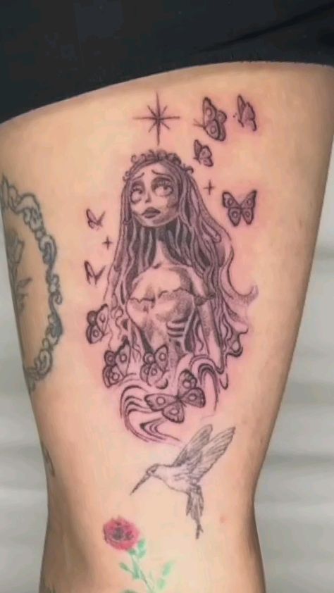 The Corpse Bride Emily, Emily Tattoo, Thigh Sleeve Tattoo, Corpse Bride Tattoo, Small Bow Tattoo, Corpse Bride Emily, Bride Tattoo, Tim Burton Tattoo, The Corpse Bride