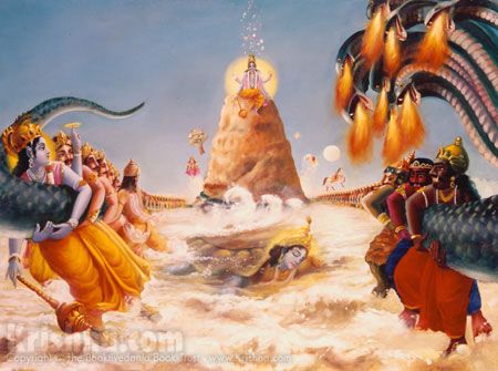 The Supreme Personality of Godhead incarnated as a tortoise and held the great Mandara Mountain upon His back to be used as a pivot for churning the ocean of milk. Samudra Manthan, 10 Avatars, Vishnu Avataras, Diy Tarot Cards, Yoga Vidya, Srimad Bhagavatam, Krishna Avatar, Krishna Hindu, Vishnu Wallpapers