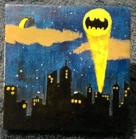 Gotham City with Bat Signal on a tiny canvas