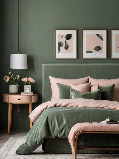 Budget-Friendly Sage Green and Blush Bedroom Ideas: You’ll Love - Homezillo Dark Green Blush Pink Bedroom, Blush Pink Sage Green Bedroom, Sage Green And Lavender Bedroom Ideas, Sage And Coral Bedroom, Blush Pink Room Decor, Girls Green Bedroom Ideas, Sage And Pink Bedroom, Pink And Green Room Aesthetic, Green And Blush Bedroom