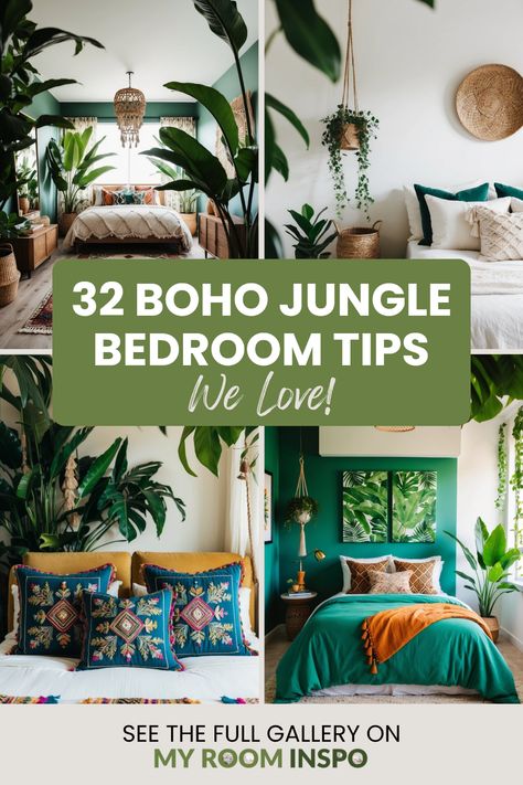 Discover 32 creative ideas for Boho jungle bedroom decor featuring vibrant plants, warm textures, and stylish decor, showcasing 4 inspiring images. Nature Theme Interior Design, Reptile Themed Bedroom, Botanical Room Ideas, Bedroom Design With Plants, Dark Tropical Bedroom, Jungle Theme Room Adult, Green Maximalist Bedroom, Jungle Theme Bedroom Kids, Boho Room Ideas Bedroom