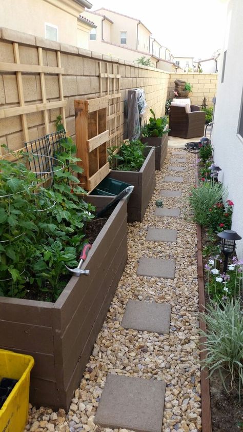 Raised Garden Beds On Gravel, Side Of House Raised Garden, Paved Vegetable Garden, Small Garden Side Of House, Tiny Raised Bed Garden, Small Backyard Raised Garden Ideas, Garden Box Landscaping, Raised Garden Beds Corner, Side Yard Veggie Garden