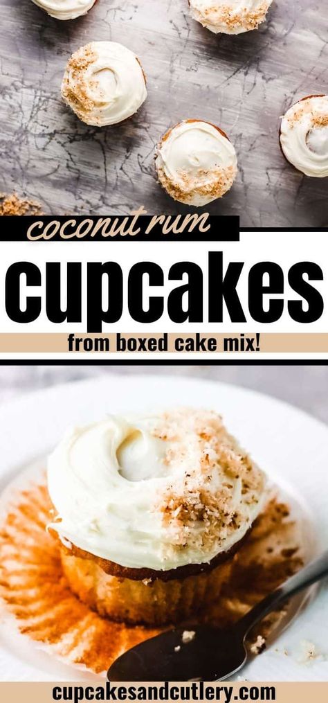 Easy Boozy Cupcakes, Rum Cake Cupcakes, Rum Cupcakes Easy, Boozy Cupcakes Cake Mixes, Boozy Desserts Easy, Boozy Cake Recipes, Boozie Desserts, Desserts With Alcohol, Coquito Cupcakes