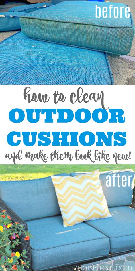 Are your patio furniture cushions dirty or mildewed after sitting outside over the fall and winter seasons? Let me show you How to Clean Outdoor Cushions within minutes without having to scrub them. You don't need any special cleaner, and your patio cushions will look like new again! Clean Outdoor Cushions, Outside Cushions, Clean Outdoor Furniture, Clean Patio, Sitting Outside, Outdoor Cleaning, Furniture Cleaner, Lawn Furniture, Patio Furniture Cushions