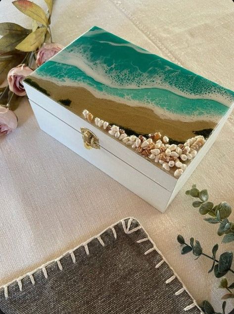 Wooden Box Designs Paint, Resin Boxes, Wooden Box Crafts, Hand Painted Wooden Box, Wooden Box Designs, Crystal Jewelry Box, Diy Beach Decor, Resin Box, Storing Jewelry