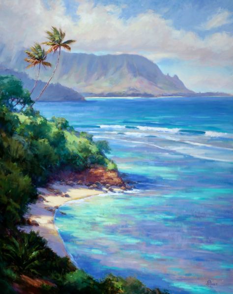 Hawaii oil painting Pali Ke Kua Hawaii Beach Painting, Hawaii Landscape Painting, Tahiti Painting, Tropical Landscape Painting, Hawaii Drawing, Jenifer Prince, Hawaii Painting, Hawaii Landscape, Oil Painting Woman